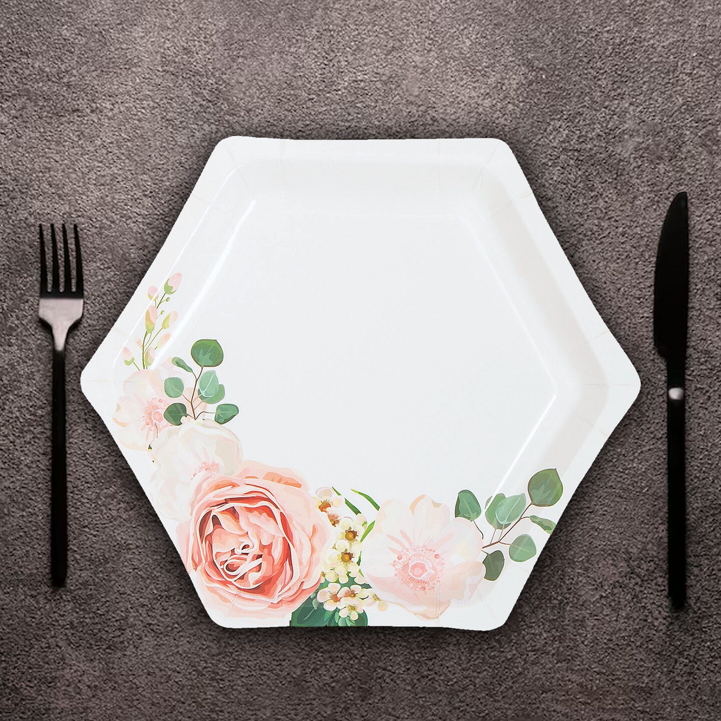 8 Ct. Blush Floral Hexagonal Paper Dessert Plates 7.25" Disposable Elegant Bridal Shower Plates