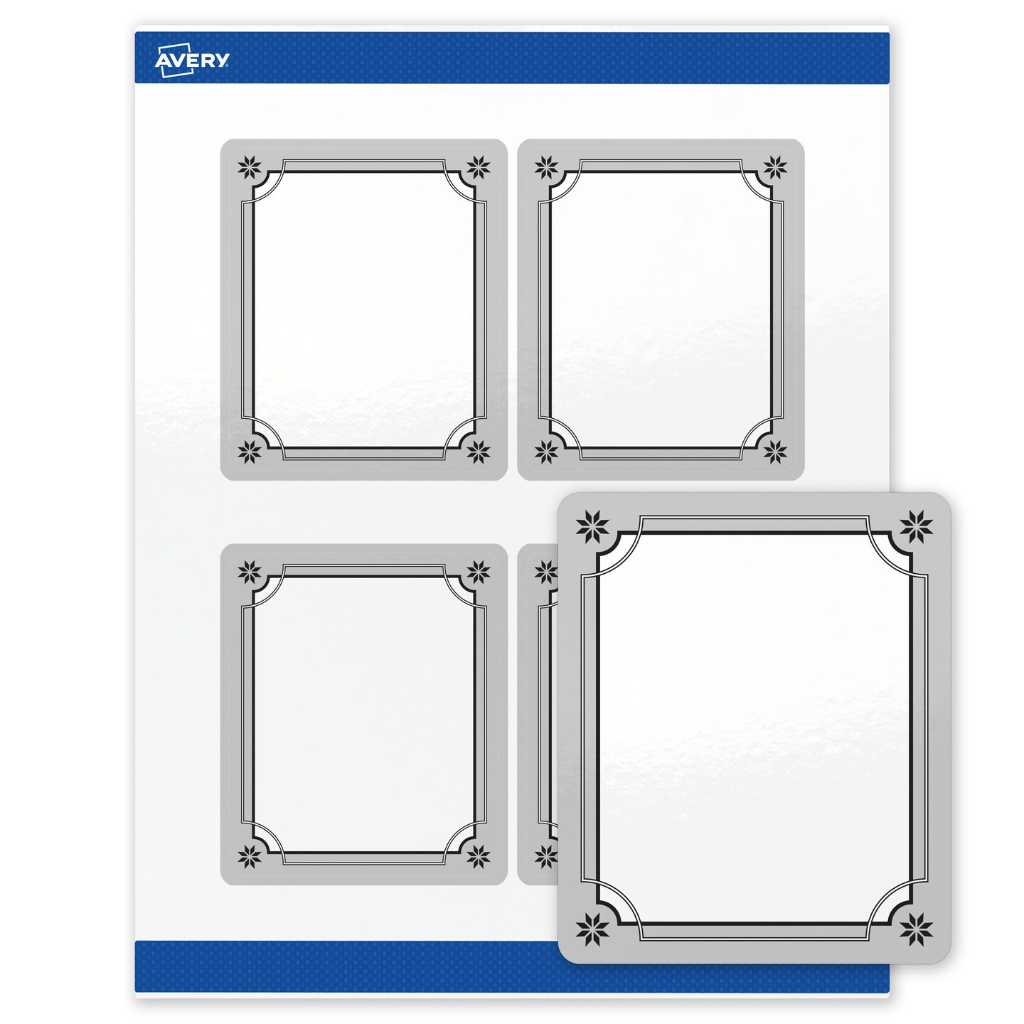 Avery Printable Labels with Sure Feed Technology, Rectangle, 4" x 3-1/3", Pre-Printed Metallic Silver Border with Black Snowflakes Design, Glossy White, Laser & Inkjet Compatible, 40 Total