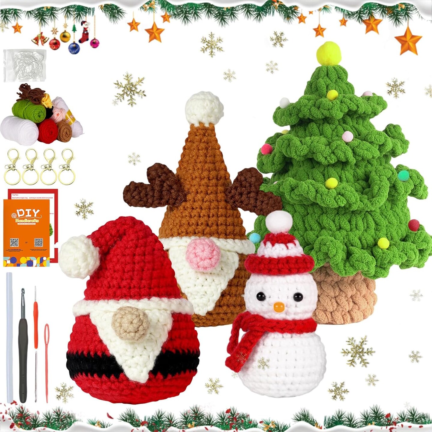 4-Piece Beginner Christmas Crochet Kit – DIY Xmas Craft Set with Yarn, Hooks, Keychains & Step-by-Step Video Tutorials – Holiday Gifts & Winter Decorations for Adults