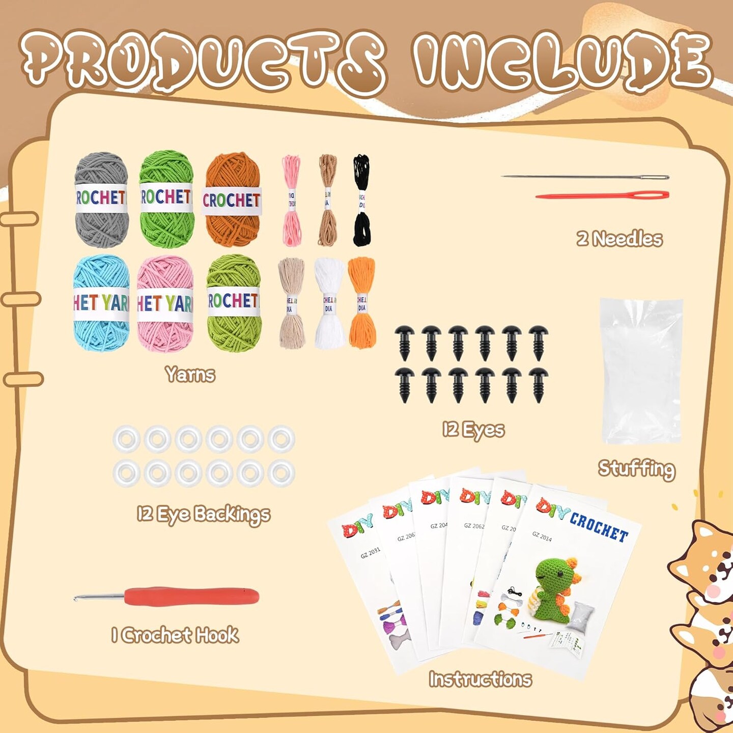 6-Piece Beginner Crochet Kit for Adults – DIY Animal Amigurumi Kits with Step-by-Step Video Tutorials, Yarn, Crochet Hooks, and Perfect Gift for Craft Lovers