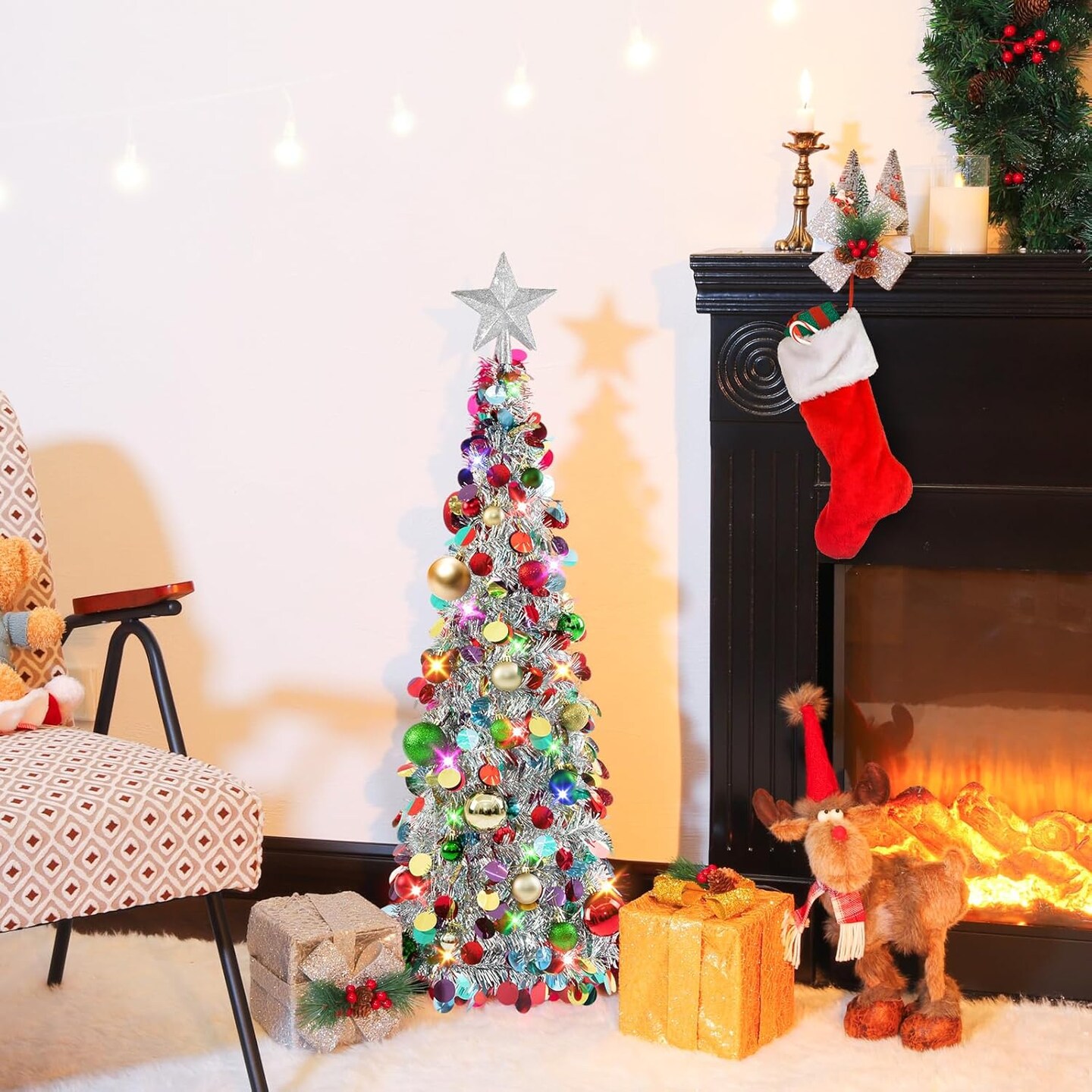 Pop Up Christmas Tree with Lights & 25 Balls (Silver) 15"D x 15"W x 36"H