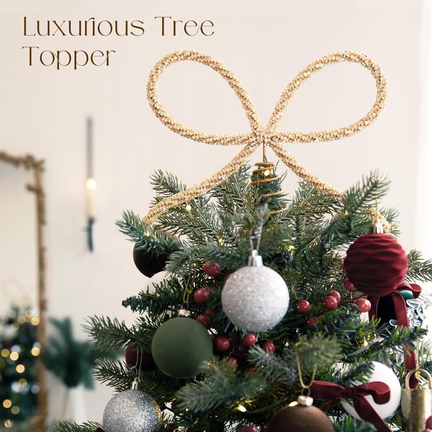 Christmas Decor - Gold Glass Rhinestone Bow Tree Topper(Gold)