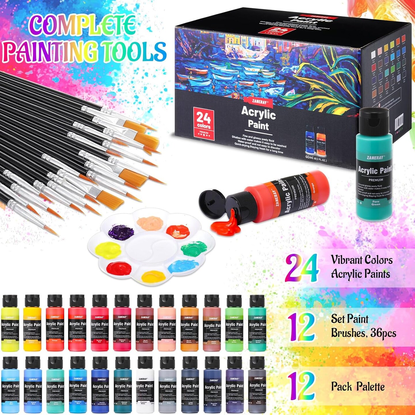 12 Set Paint and Sip Kit for Adults 8"x 10" Pre Drawn Canvas24 Colors(60ml, 2oz)(multicolor)