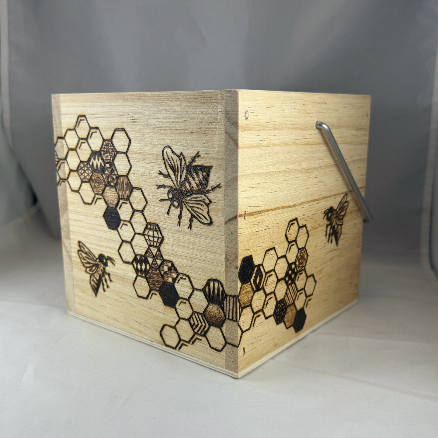 Honeybee Honeycomb Hexagons Square Wood Box w Handle, Pyrography