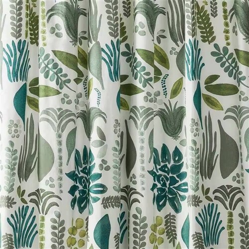 Blue-Green Cotton Garden Leaves Shower Curtain with Hook Style