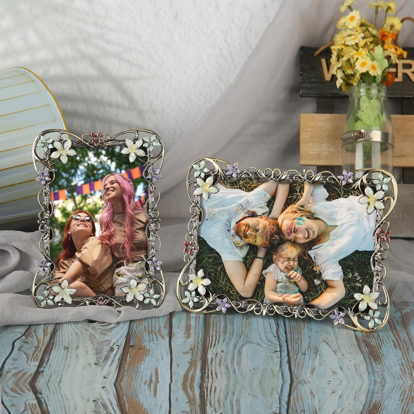 5x7 Vintage Flower Picture Frame Antique Metal Enamel Colorful Floral Photo Frame(Tree vine flower)8.5"L x 6.5"W