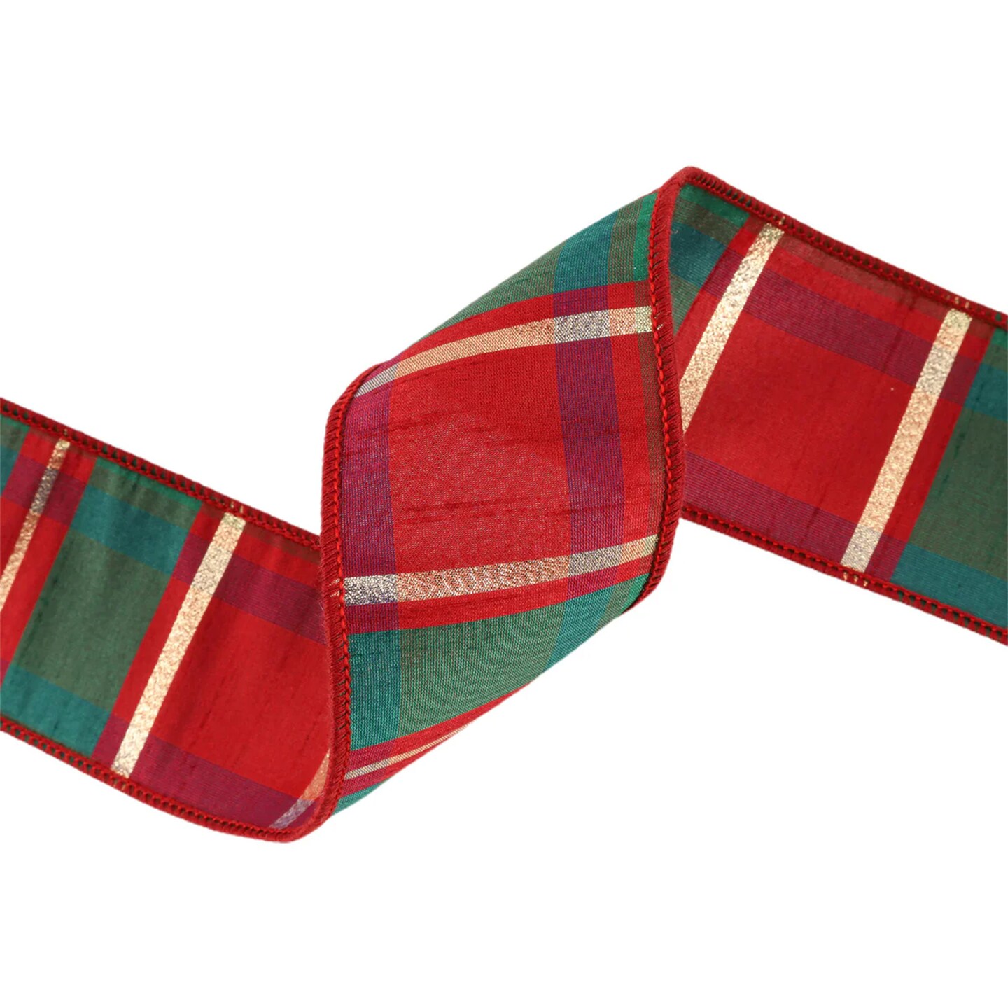 LaRibbons 4&#x22; - 2 1/2&#x22; Wired Dupioni Ribbon | Red/Green/Gold Plaid Check | 10 Yard Roll