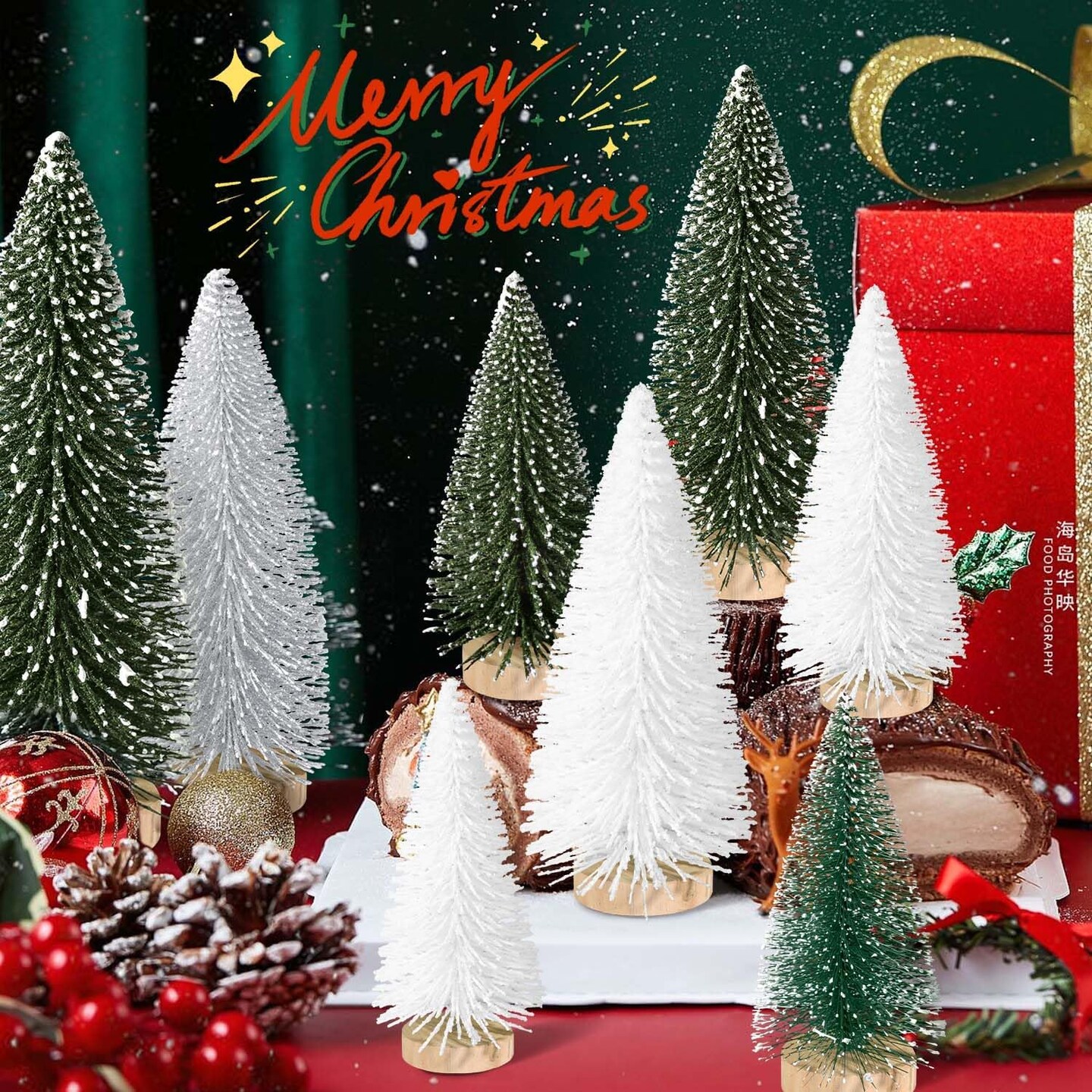 9pcs Mini Christmas Tree Desktop(9pcs Green-silver-white)