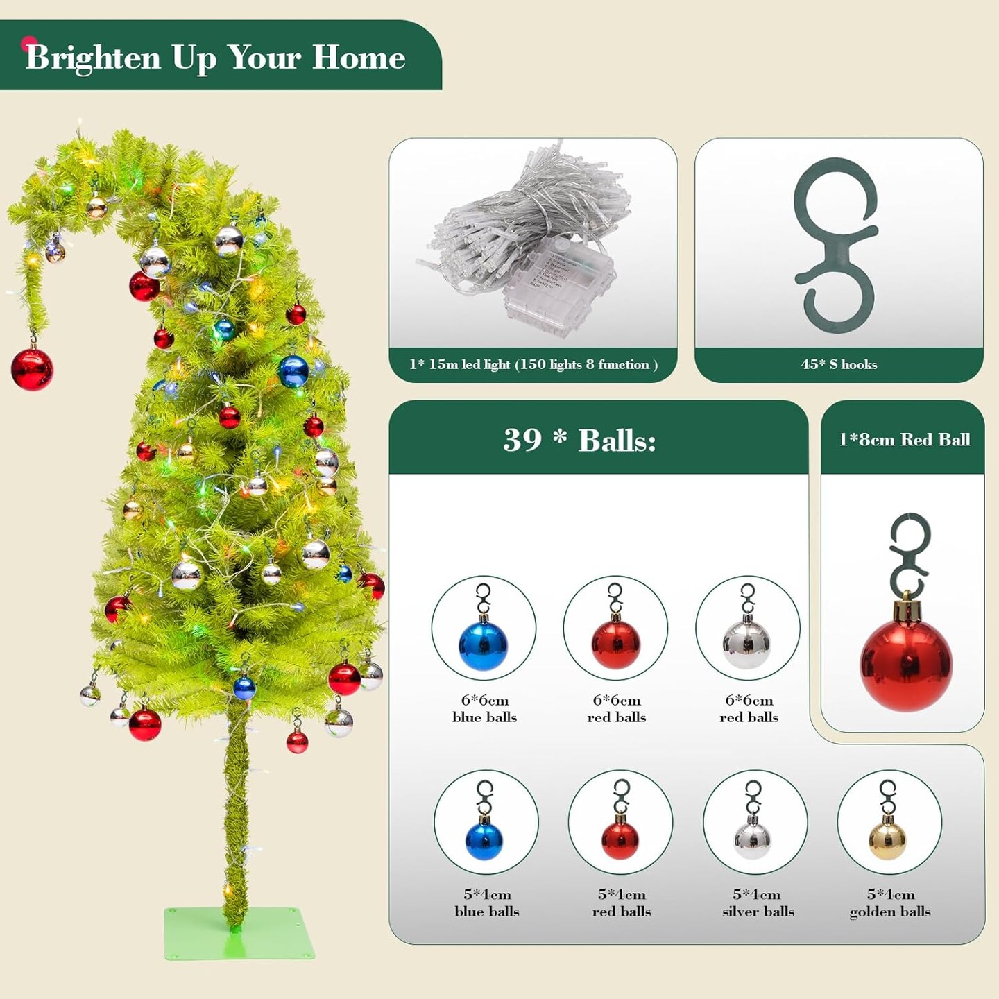 Bendable Artificial Christmas Tree(Grinch Green)15"D x 15"W x 68.5"H