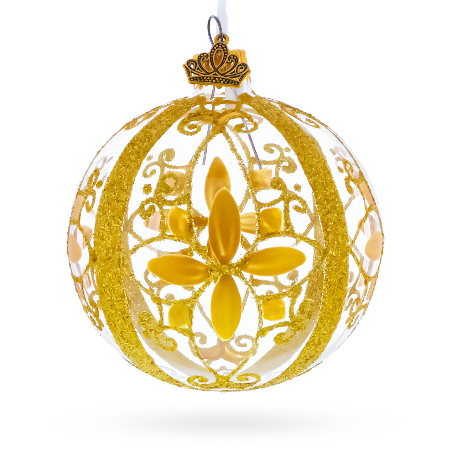 Gold Filigree Floral Design Glass Ball Christmas Ornament 3.25 Inches