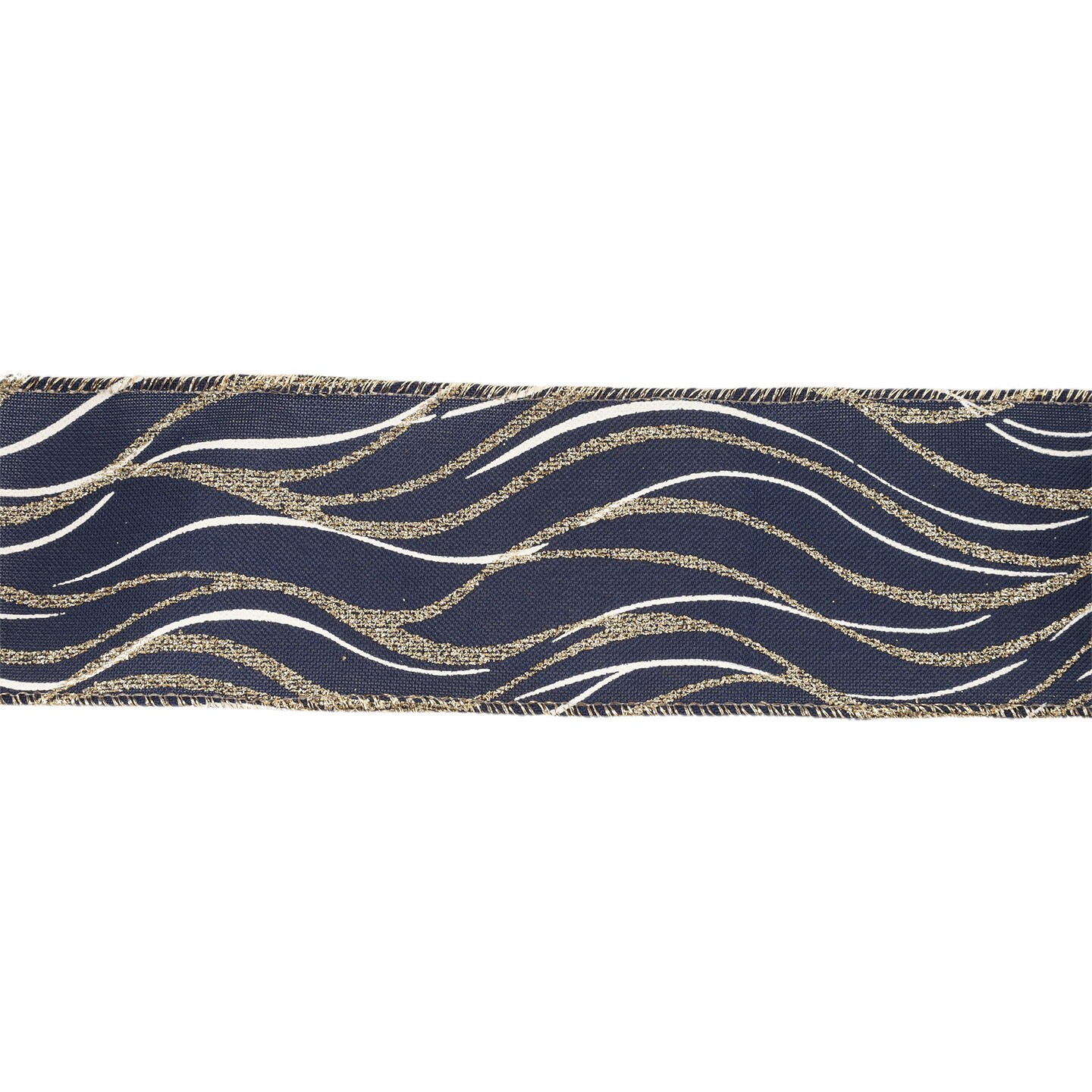 LaRibbons 2 1/2" Faux Linen Wired Ribbon | Blue w/ Gold Glitter and Print White Curve | 10 Yard Roll