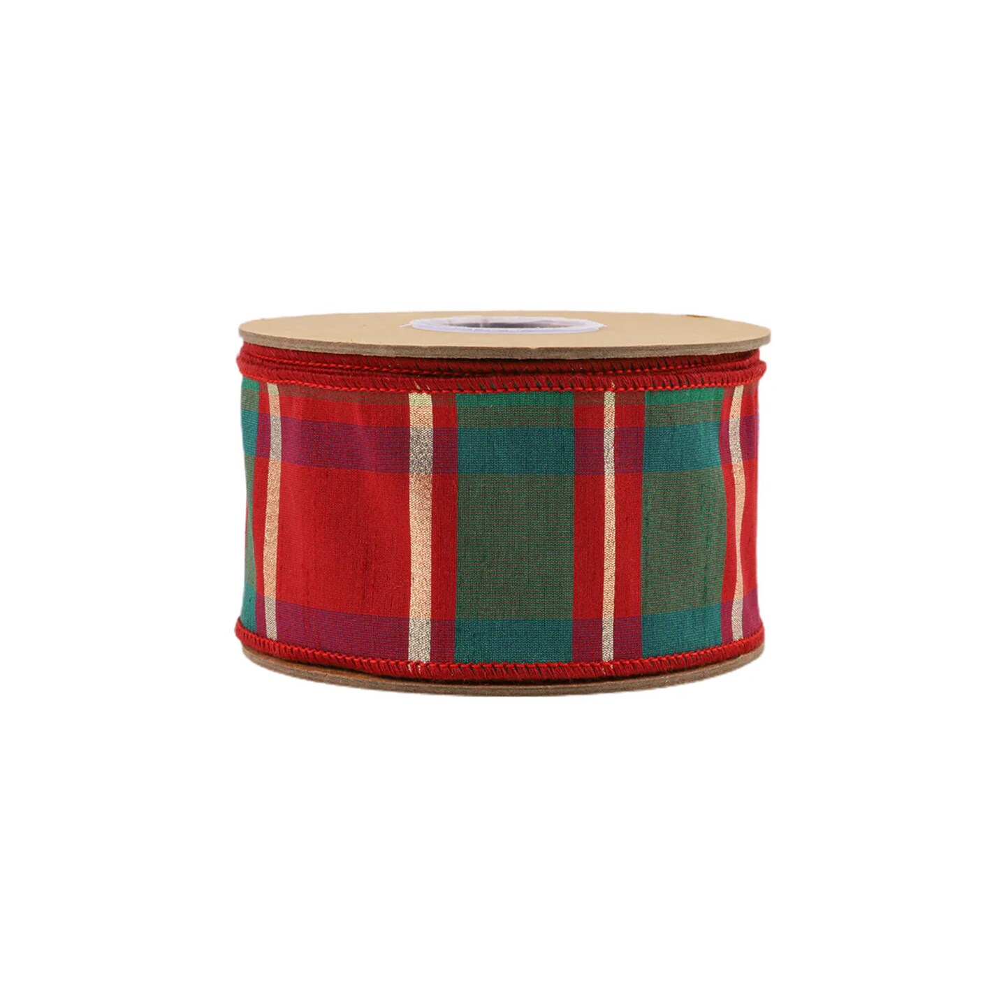 LaRibbons 4&#x22; - 2 1/2&#x22; Wired Dupioni Ribbon | Red/Green/Gold Plaid Check | 10 Yard Roll
