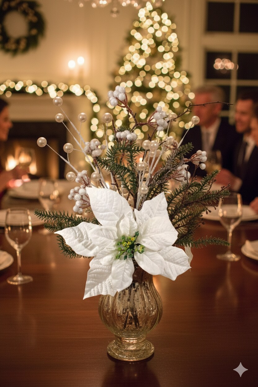 29&#x22; Poinsettia, Pine &#x26; Berry Spray &#x2013; White Artificial Holiday Floral Stem 12 Pack