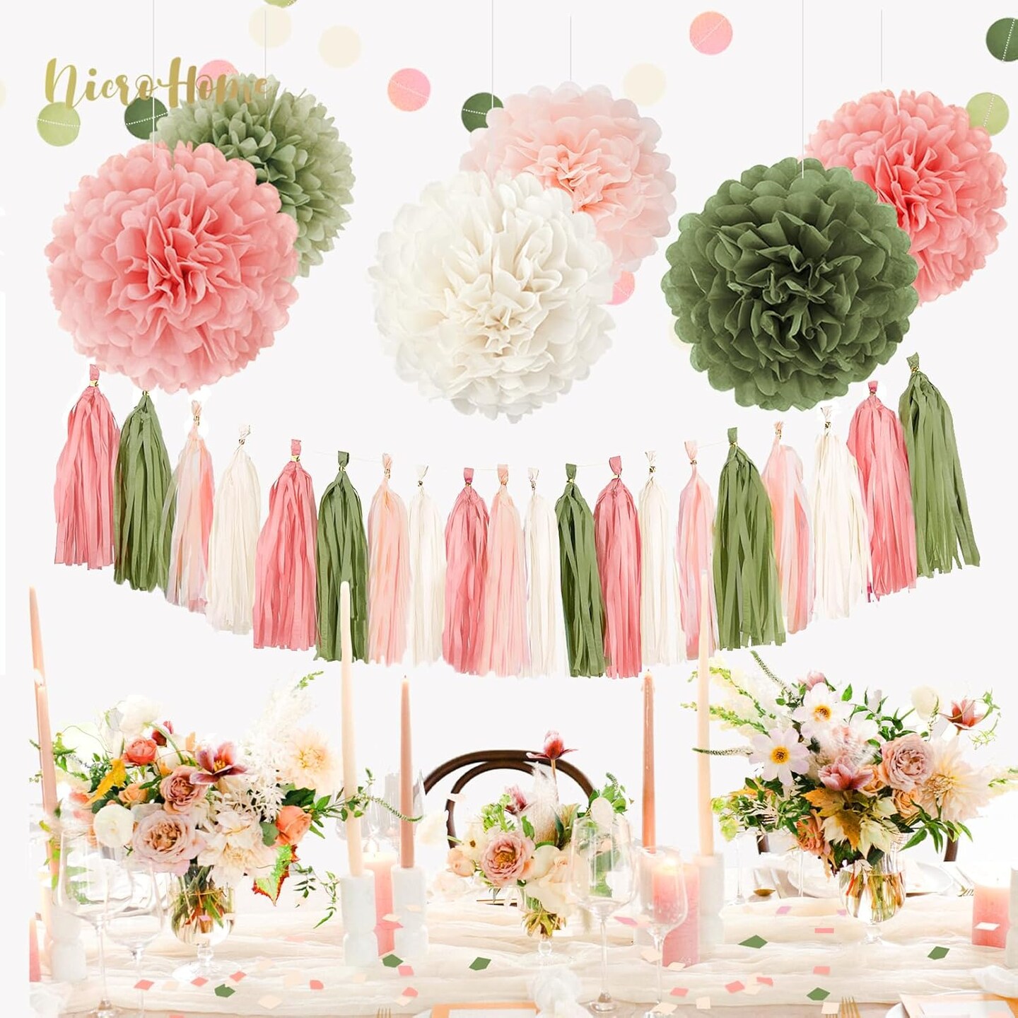 27 PCS Pink Sage Green Tissue Paper Pom Poms(Pink Sage Green)