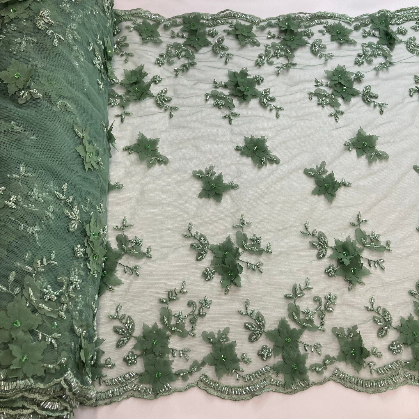 1 Yard Beaded Double Sided 3D Floral Lace Trimming 100% Polyester Net Mesh 21" Wide