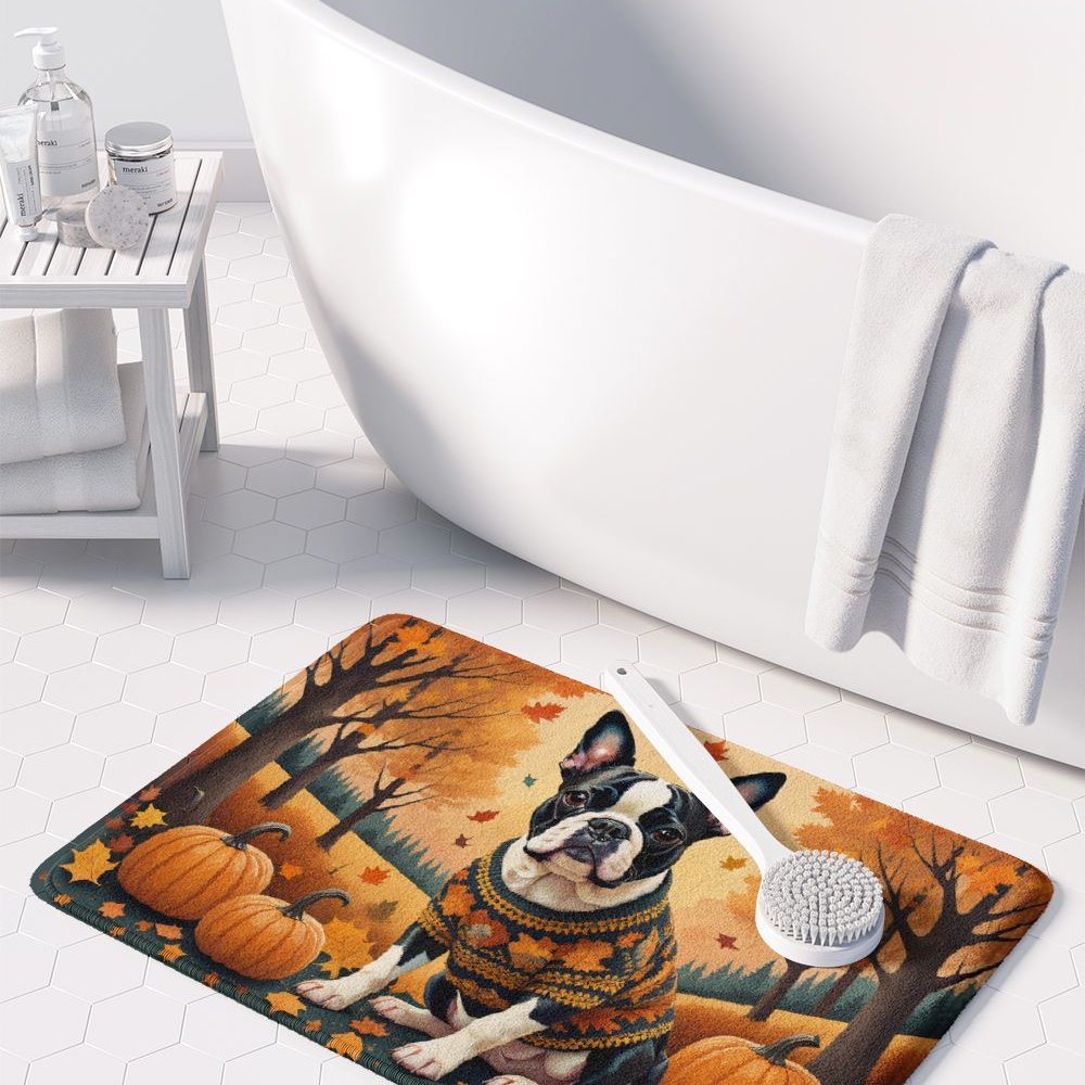 Edge Collections - 19" X 27" - Multicolor - Multi-Color Boston Terrier Fall Memory Foam Kitchen Mat - 1 Piece