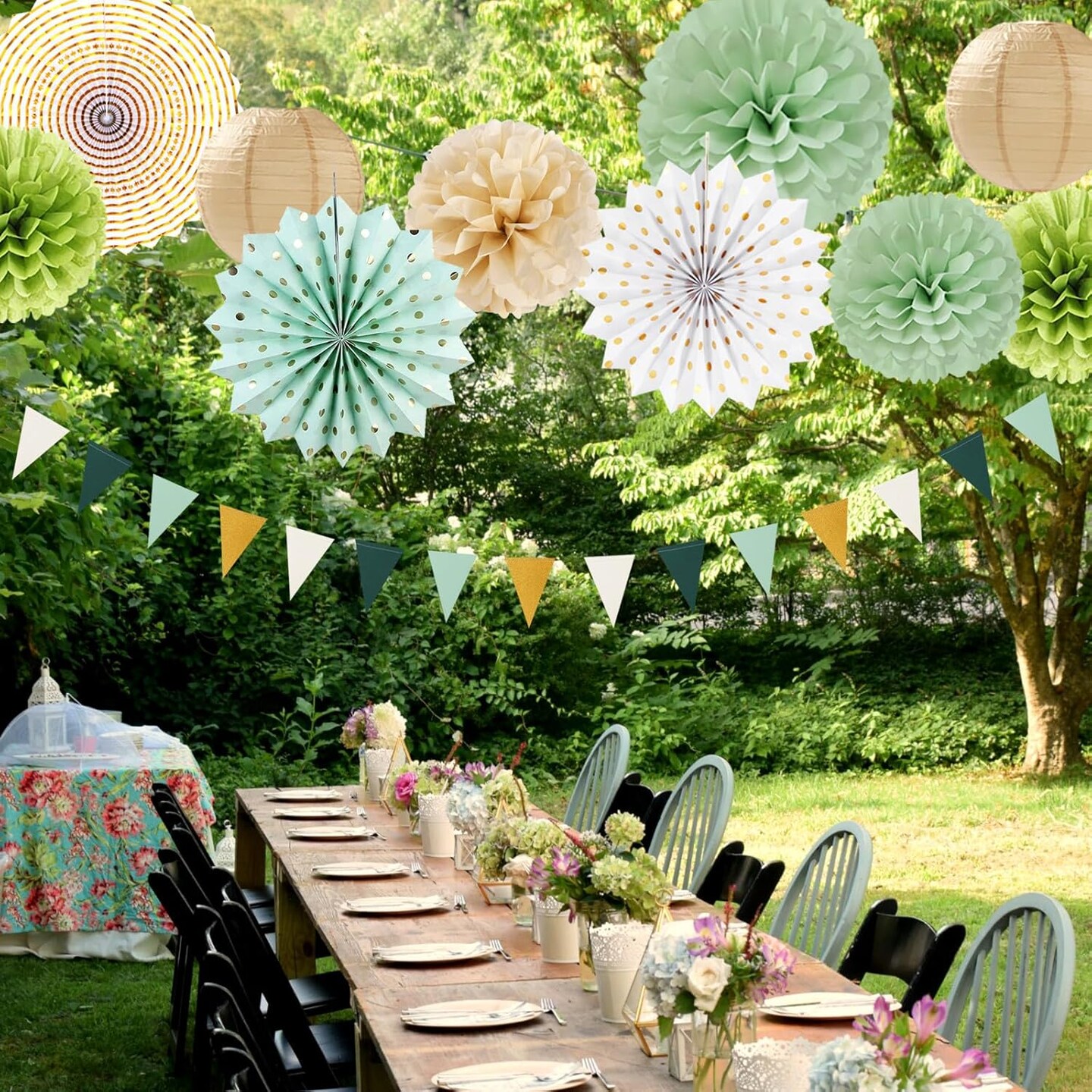 Sage-Olive Green Gold Brown Boho Party-Decorations(Green-white)