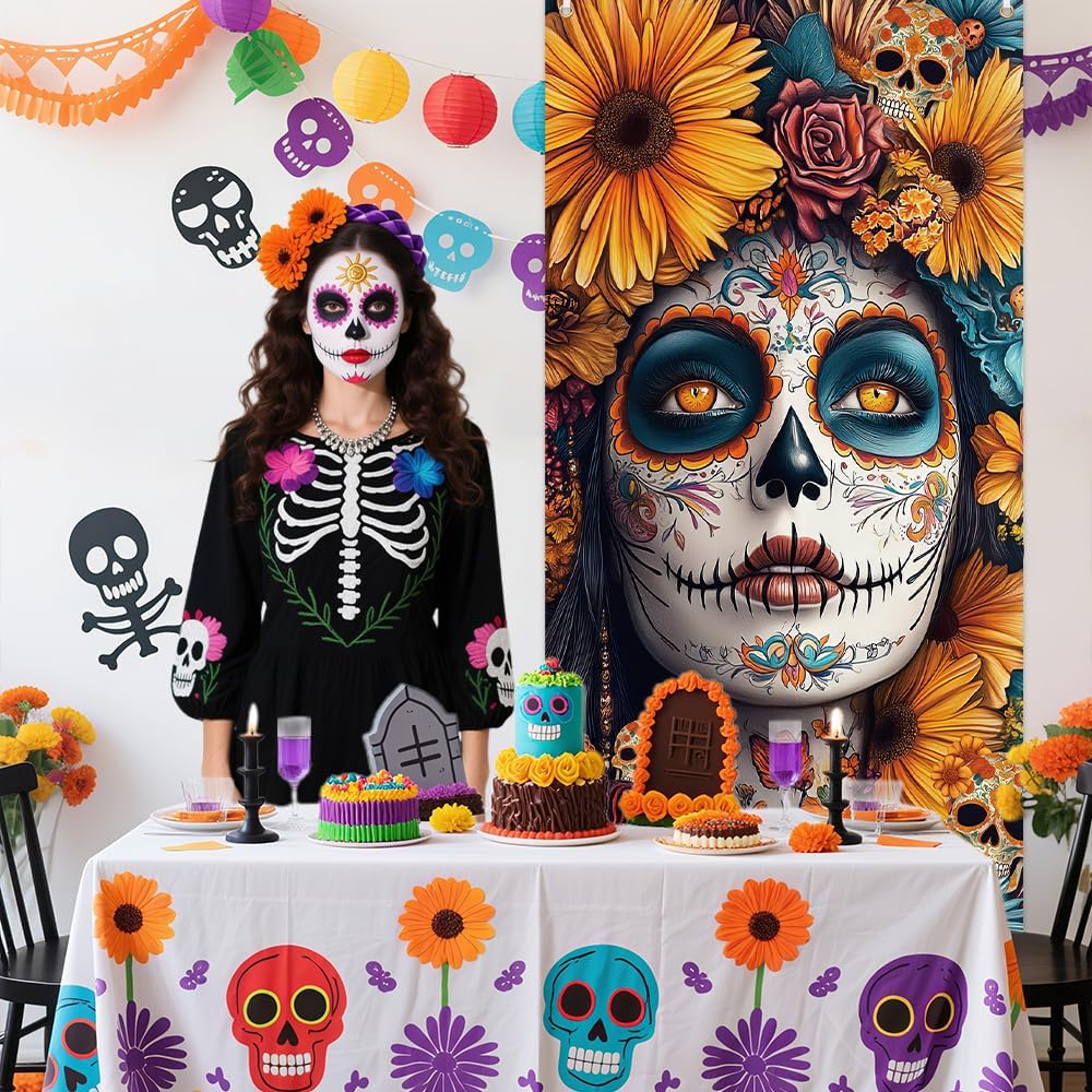 Day of The Dead Door Cover Dia De Los Muertos Backdrop (Gothic) 70&#x22;L x 35&#x22;W