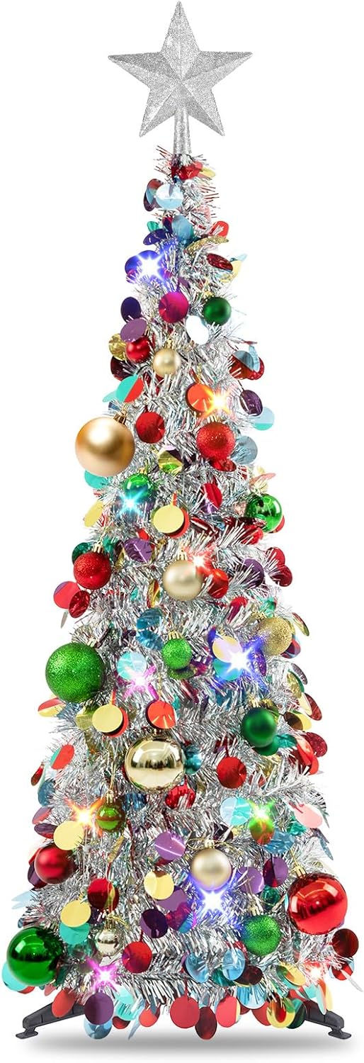 Pop Up Christmas Tree with Lights & 25 Balls (Silver) 15"D x 15"W x 36"H