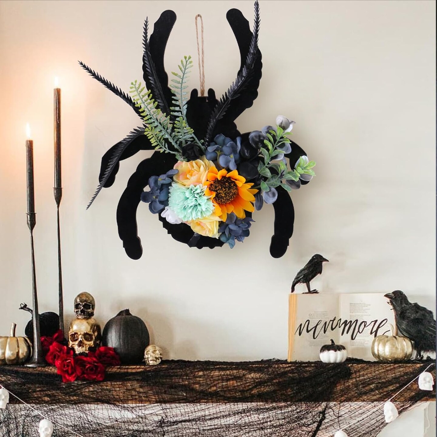 Halloween Spider Wreath with Sunflowers and Black Feathers (Halloween) 2&#x22;D x 9.84&#x22;W x 11.81&#x22;H