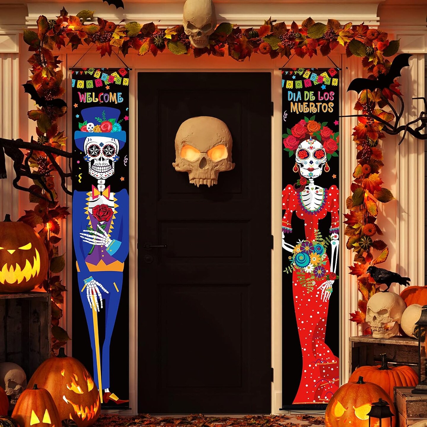 2 Pieces Day of The Dead Porch Sign Dia De Los Muertos(Multicolor)70.9"L x 11.8"W