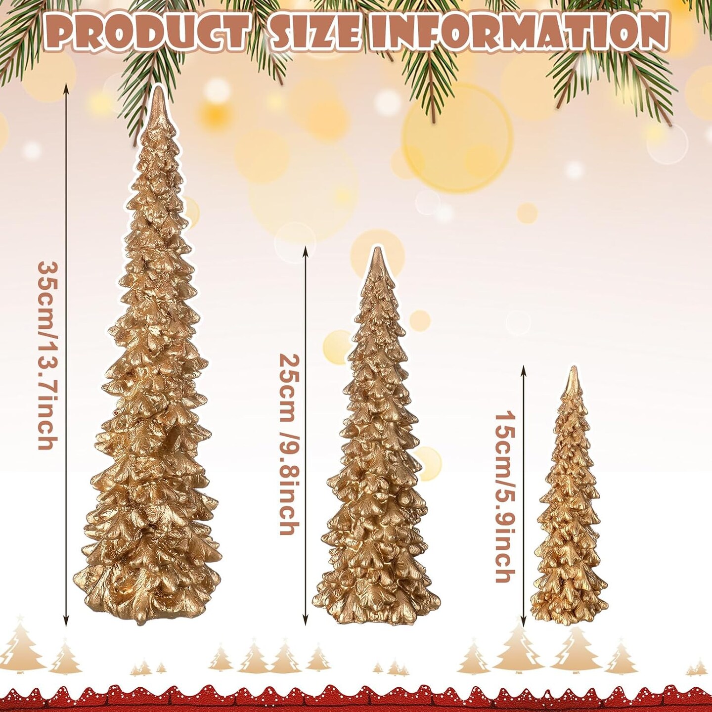 3PCS Gold Resin Christmas Tree Decoration - 13.8 Inch, 9.8 Inch, 5.9 Inch