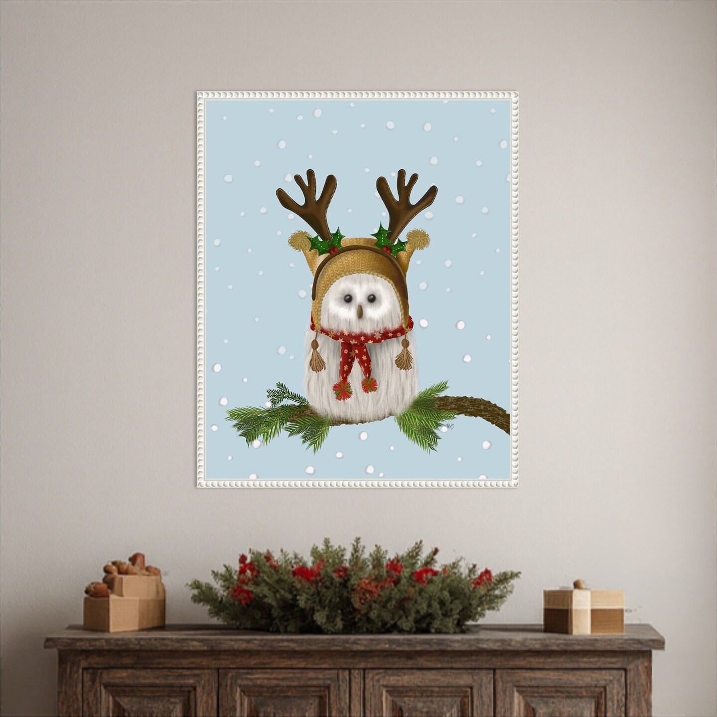Christmas Fluffy Owl and Antlers by Fab Funky 23-in. W x 28-in. H. Canvas Wall Art Print Framed