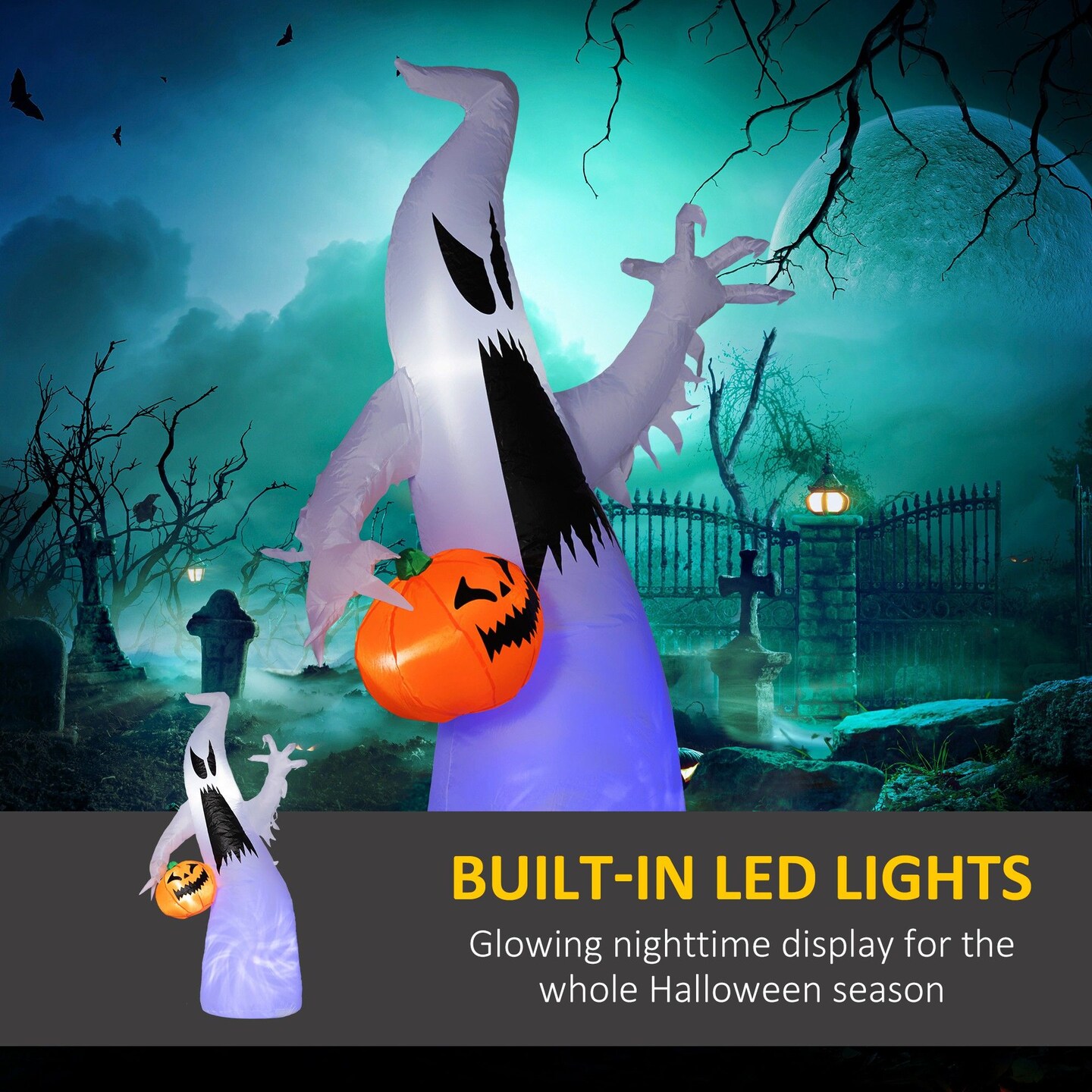 5.9' Halloween LED Yard Decor Ghost with Pumpkin, Blow Up Inflatable Outdoor Decoration, Waterproof