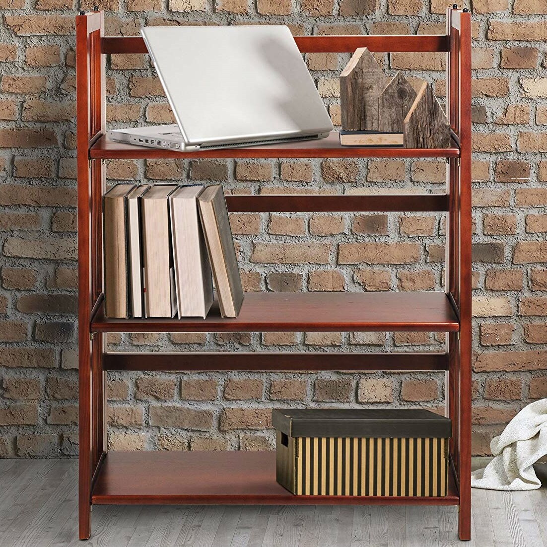 3 Shelf Solid Wood Folding Bookcase No Assembly Required for Home Office Storage and Display