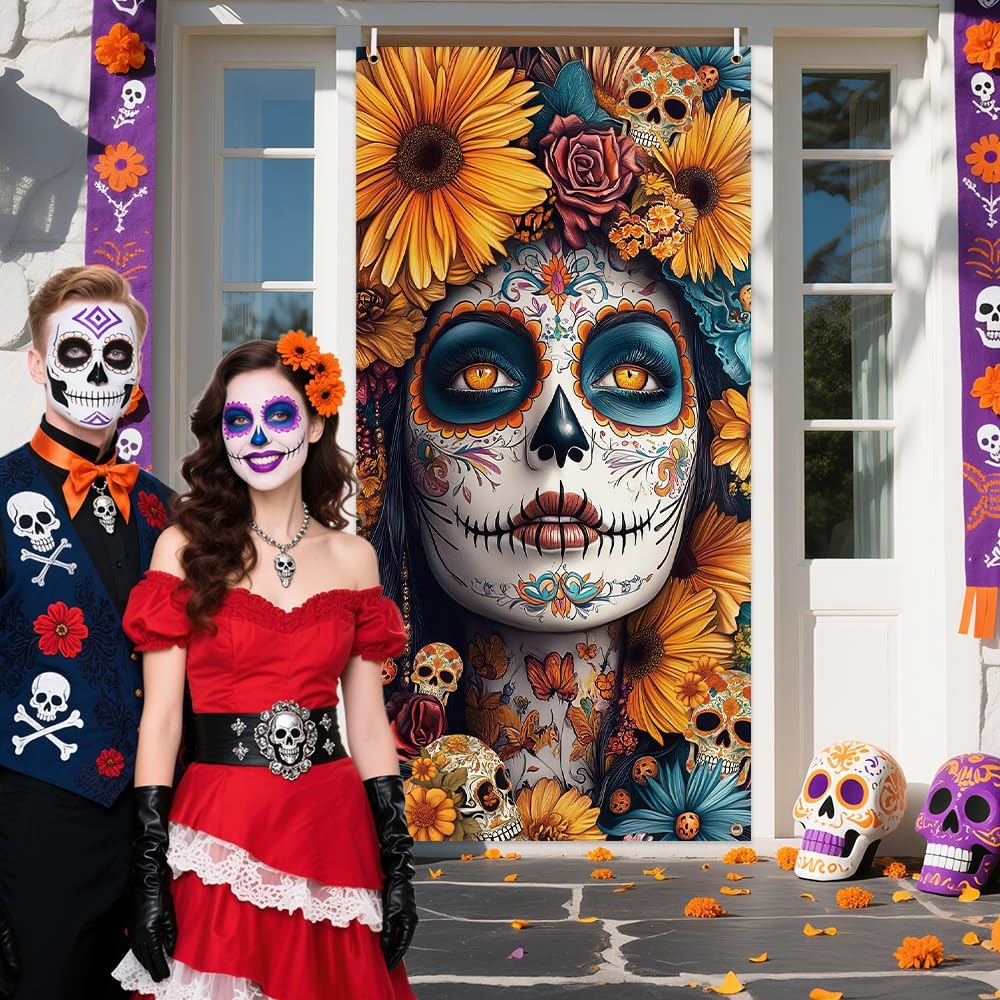 Day of The Dead Door Cover Dia De Los Muertos Backdrop (Gothic) 70&#x22;L x 35&#x22;W