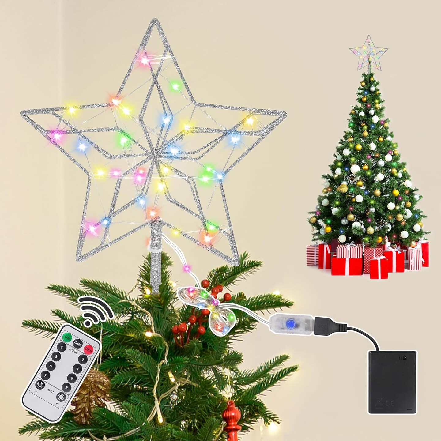 Christmas Star Tree Topper - 50 LED With Remote Control And Battery Box (Silver)