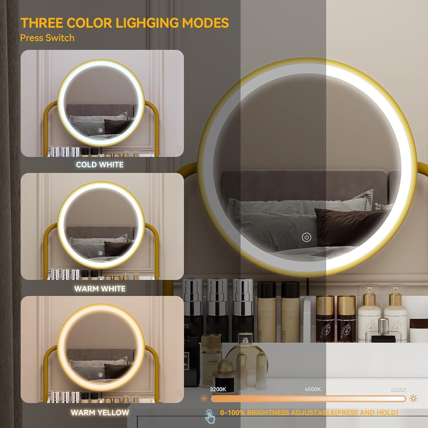 Small Vanity Desk with Mirror and Lights White Compact Makeup Vanity with Chair Modern Space-Saving Dressing Table with Drawer for Small Bedroom, Apartment