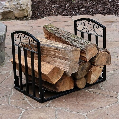 Black Steel Firewood Holder Log Rack 24 Inch Indoor Outdoor Log Storage with Scroll Design