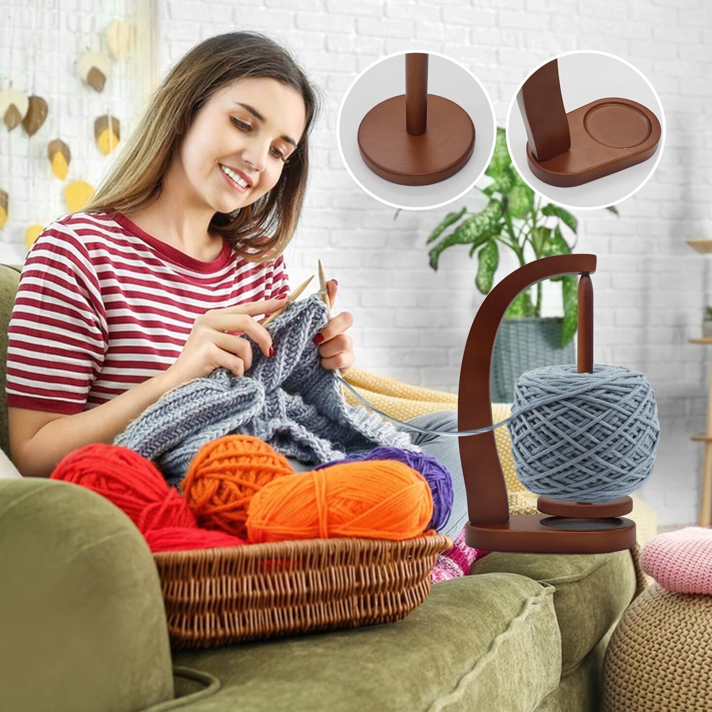 Yarn Holder for Crocheting, Beech Yarn SpinnerWooden Spinners for Crocheting,Yarn Ball Holder (Brown)