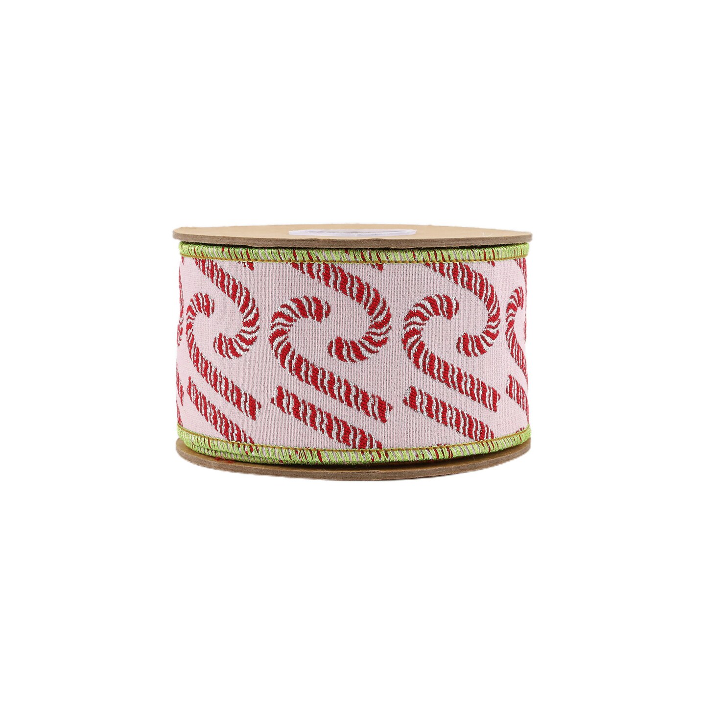 LaRibbons 4&#x22; - 2 1/2&#x22; Wired Jacquard Ribbon | Candy Cane on Pink w/ Dupioni Backing | 5 Yard Roll