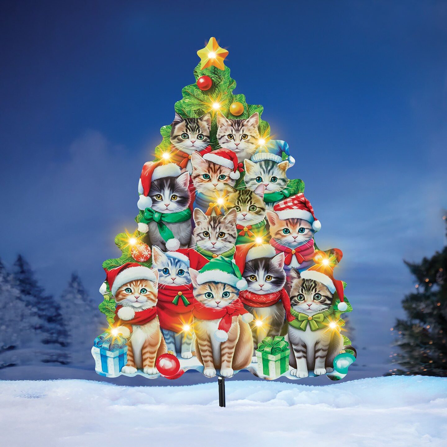 Collections Etc Solar Powered Holiday Cat Tree LED Lighted Garden Stake Decoration