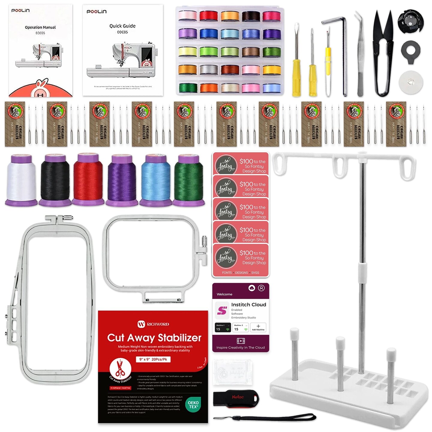 POOLIN EOC05 4in x 9.2in Computerized Embroidery Machine Base Bundle