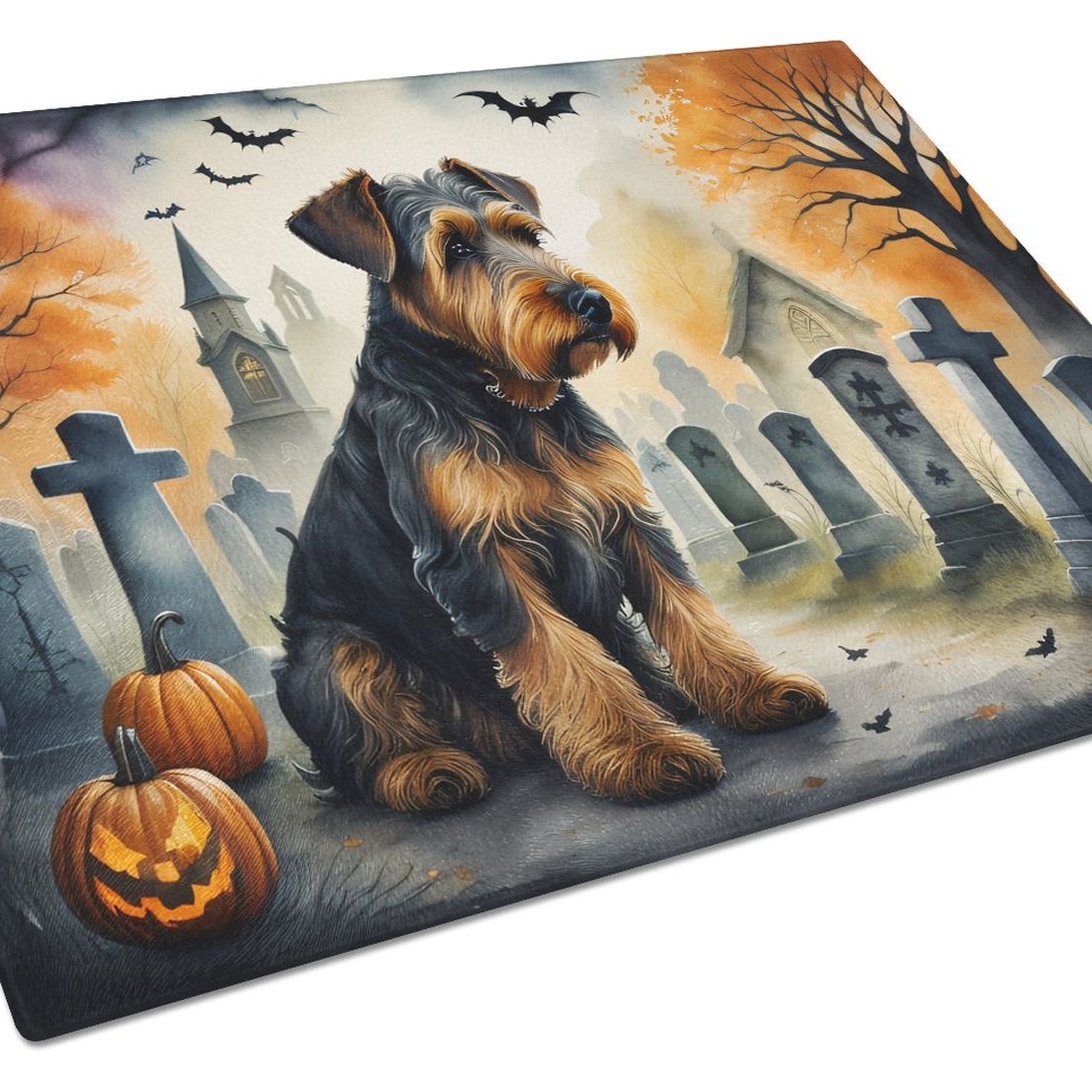 Edge Collections - 15" x 12" - Multicolor - Airedale Terrier Halloween Decorative Glass Cutting Board - 1 Piece