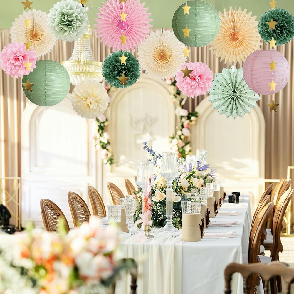 Sage Green and Pink Party Decorations Baby Shower Girl Olive Green and Light Pink Birthday Decorations Paper Lanterns Sage Beige Fans Pom Poms for Bridal Shower Wedding Engagement Nursery Decor