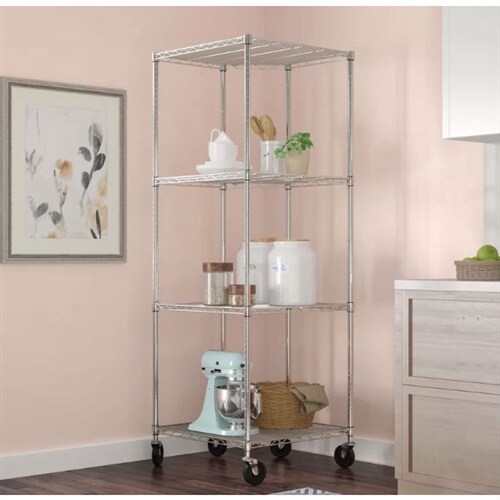 Silver Steel 4-Tier Corner Storage Rack with Adjustable Shelves and Casters