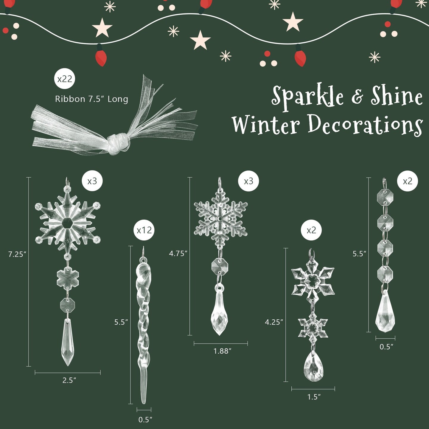 Wrapables 22pcs Christmas Tree Ornaments, Acrylic Hanging Crystal Snowflakes and Icicles Decorations, Drop Pendant Decor for Winter New Year Parties