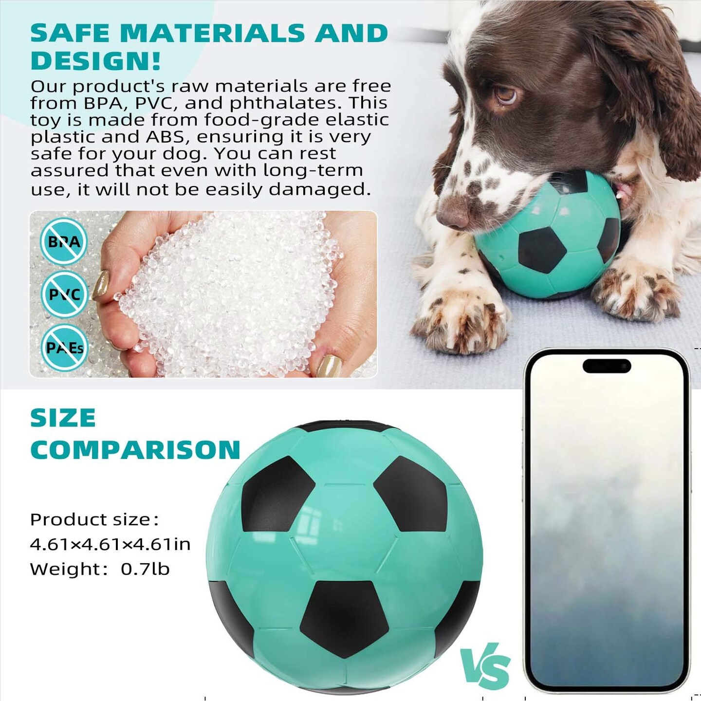 Interactive Dog Soccer Ball Toy, Slow Feeder Treat Dispenser for Dogs 4.6" x 4.6" x 4.6"