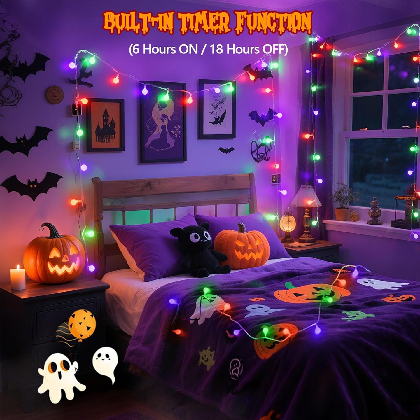 43FT 100LED Halloween Connectable Globe String Lights (Orange Purple and Green)