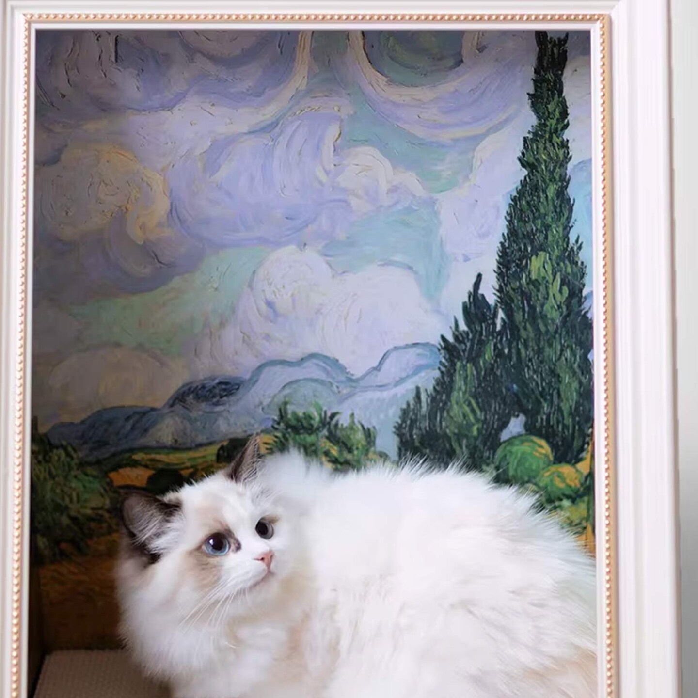 Cypress Fields Oil Painting Cat Scratch Board Luxury Cat Tree Toy 16.92"x12.60"x20.86"
