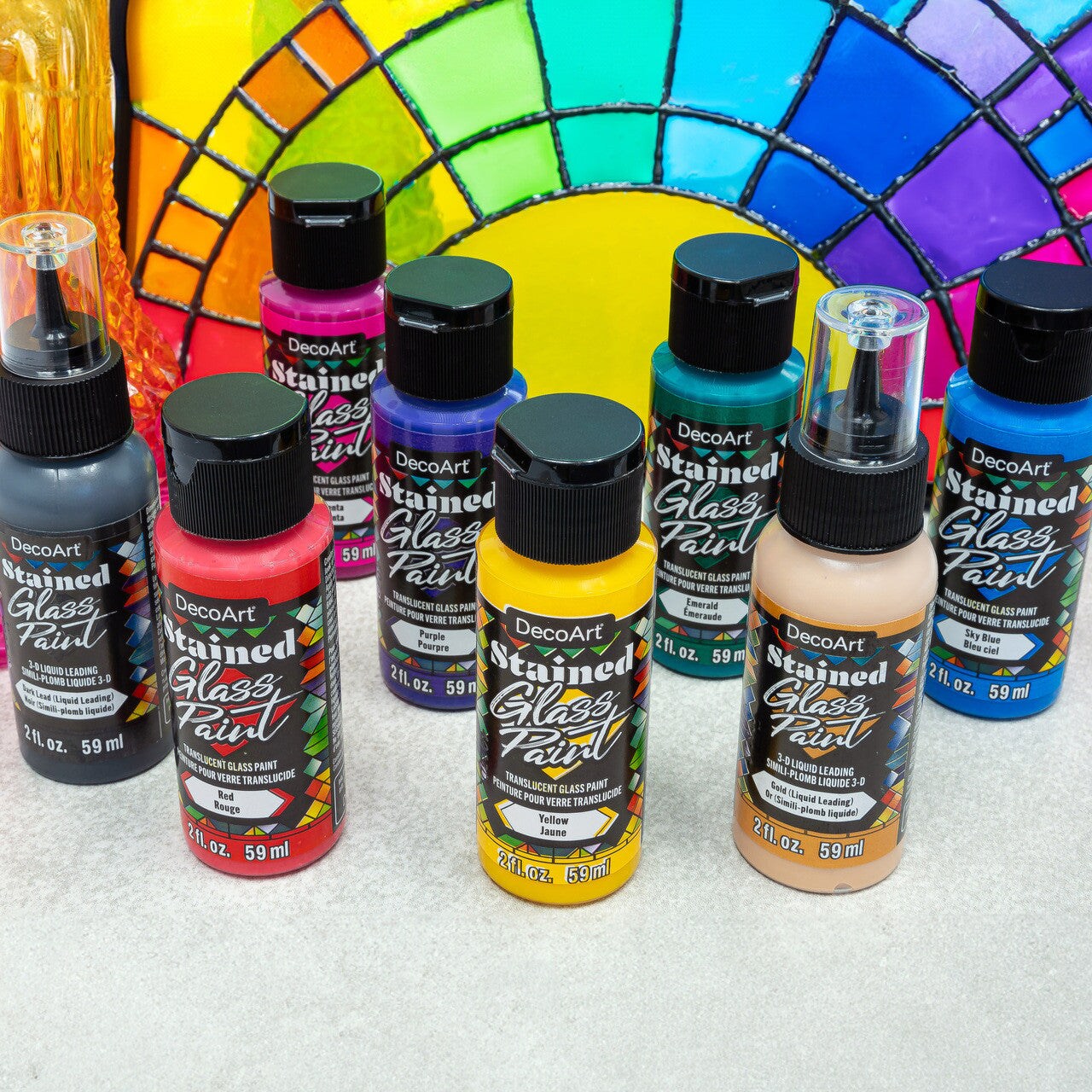 DecoArt Stained Glass Paint Rainbow Colors Set &#x2013; 8-Piece Kit with 6 High Gloss Translucent Colors &#x26; 2 Metallic Liquid Leadings for Glass, Plastic &#x26; Window Crafts
