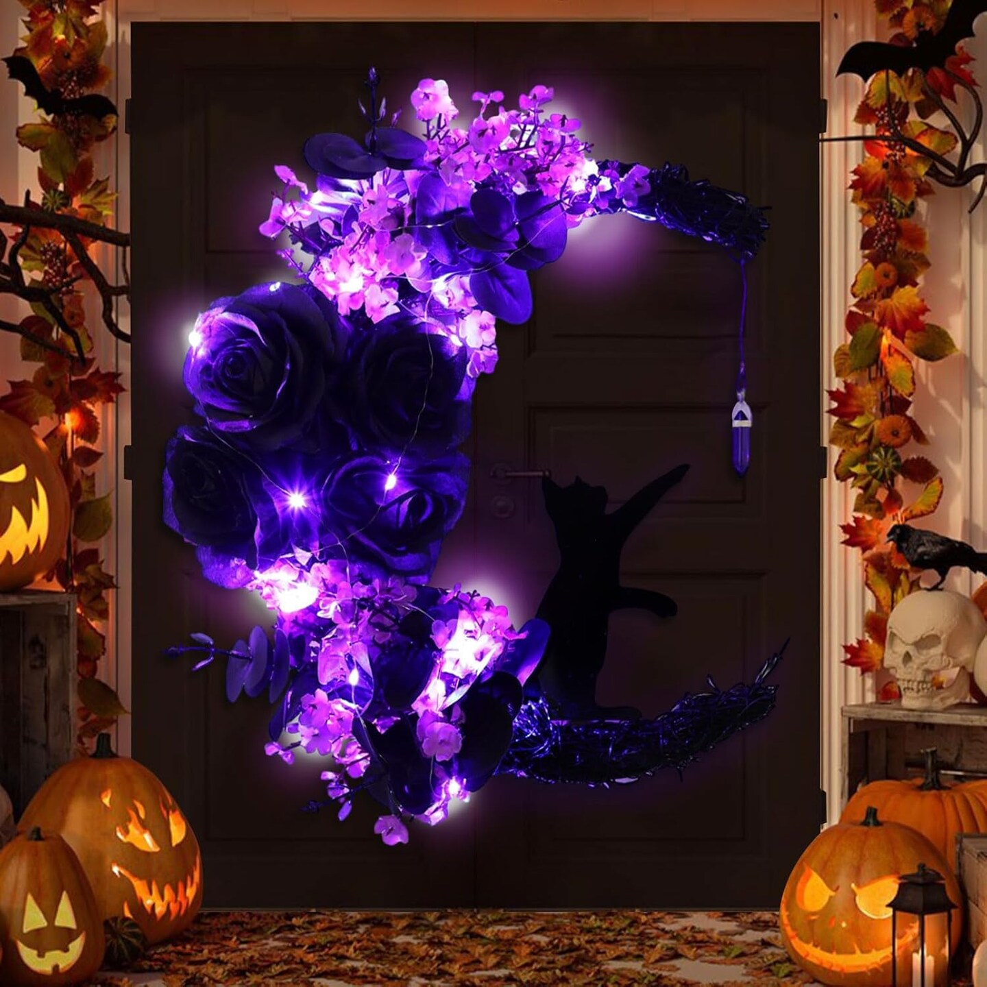 Halloween Wreaths For Front Door (Moon Cat - Purple)