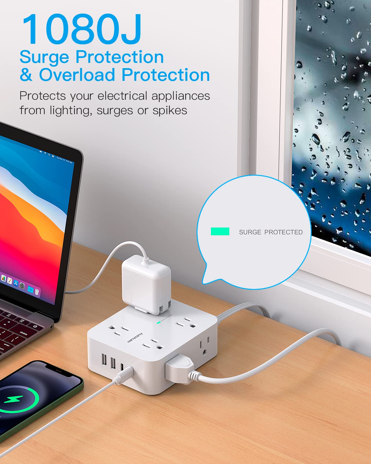 Surge Protector Power Strip, Extension Cord with Multiple Outlets, 5 Ft Ultra Thin Flat Plug 8 Outlets 4 USB Ports(2USB C), 1080J Outlet Extender for Home Office College Dorm Room Essentials