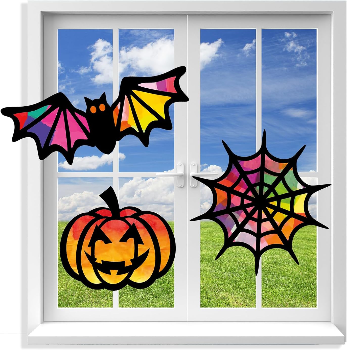 3 Sets Suncatchers Kid Craft with Tissue Papers Stained Glass Effect - 9 Cutouts (Halloween)