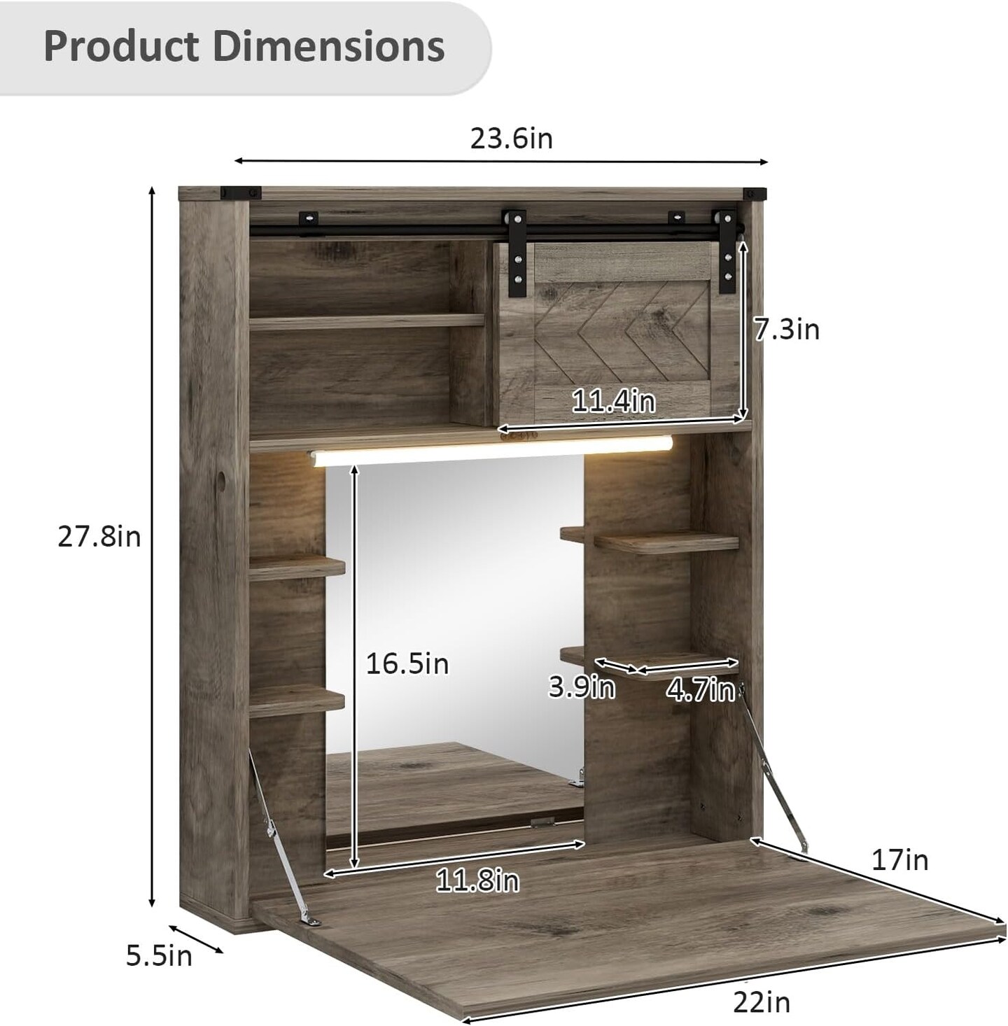 Floating Vanity Desk with Mirror and Lights Small Wall Mounted Makeup Set with Storage Gray Farmhouse Dressing Table for Tiny Space