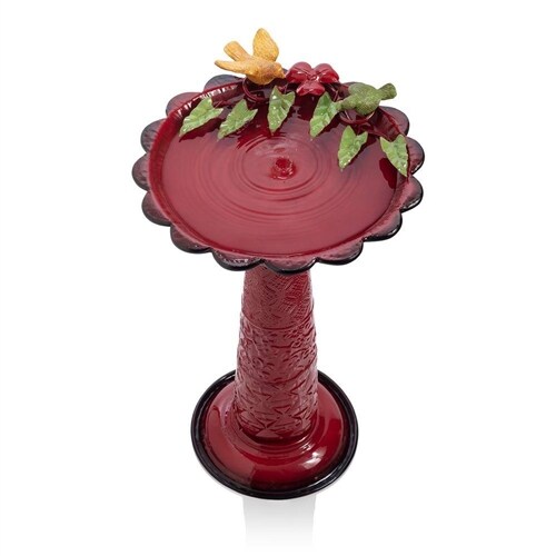 Red Metal Outdoor Birdbath with Decorative Leaf and Bird Figurines for Garden Patio Yard
